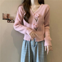 Hnewly  Flower Applique Knit Cardigan Autumn Winter Women Cardigan Sweater Coats Long Sleeve Crop Knitted Jackets Cute Outfit