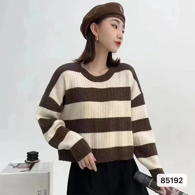 Hnewly  Striped Knit Sweater for Women Long Sleeve Crew Neck Crop Knit Top Pullovers Striped Jumper Teen-girl Fall Winter Vintage Outfit