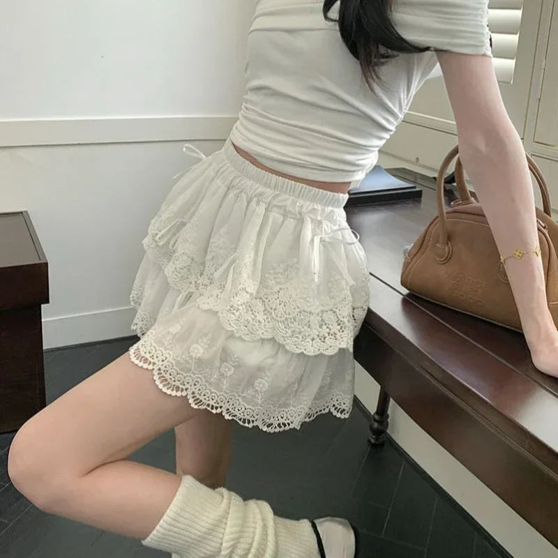 Hnewly Coquette White Lace Short Skirt Ruffle Women Sweet Bow Kawaii Mini Skirts Patchwork Layered A-line Aesthetics Skirt