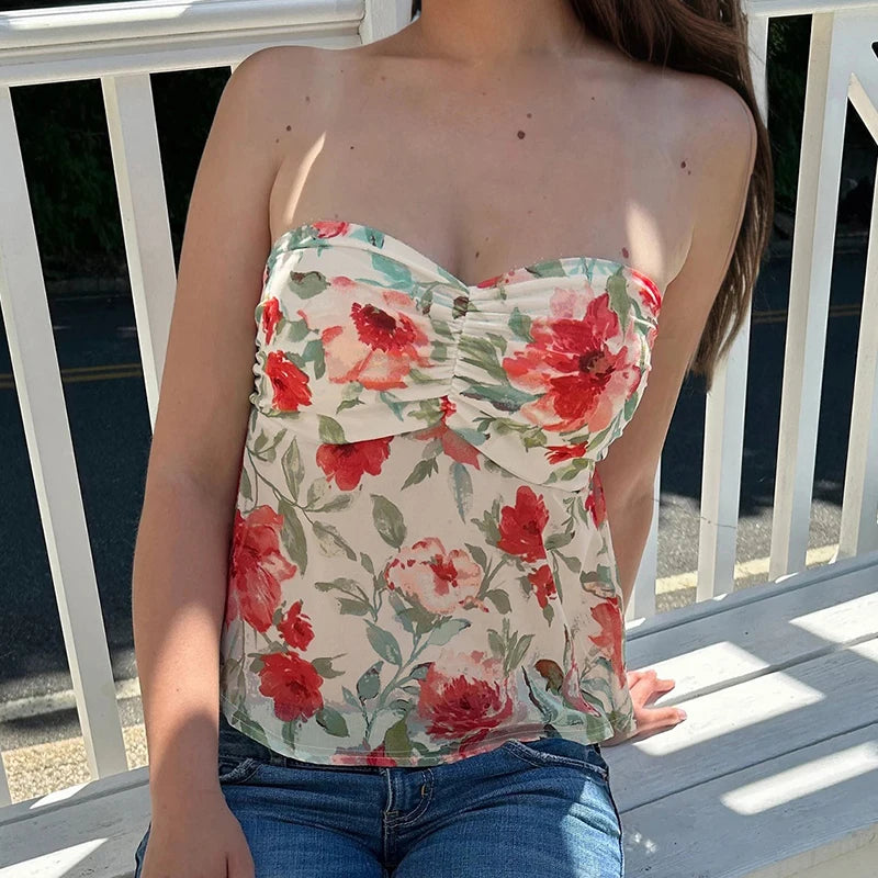 Hnewly Holiday Floral Print Mesh Tube Top Summer Kawaii Strapless A-line Crop Tops for Women Cute Coquette Vest Vintage Tee Lady