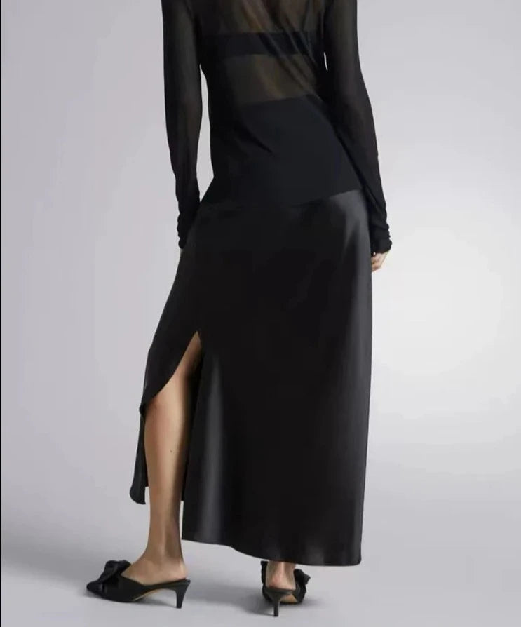 Hnewly Silk Satin Skirts for Women 2024 Summer Casual Style A-line Solid Color Elastic High Waist Side Slit Champagne Skirt