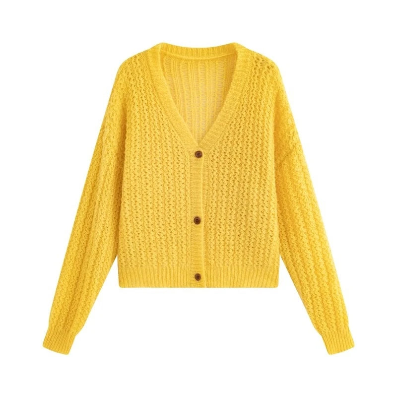 Hnewly  Open Knit Cardigan for Women Long Sleeve V-neck Button Up Sweater Jacket Autumn Winter Ladies Slouchy Casual Outfit