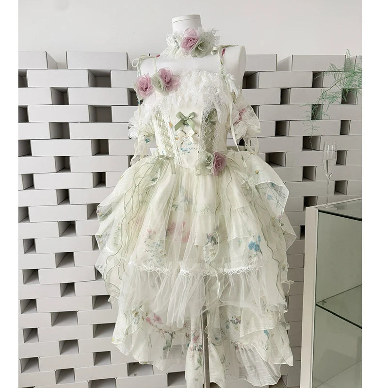 Hnewly  Sweet Lolita Dress Green Layered Ruffle Dress with White Lace Trim and Bows Cosplay Costumes with Choker Party Flower Dress