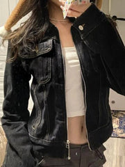 Hnewly  Zipper Jeans Solid Coats Streetwear Fashion All Match Ins Chaquetas Mujer Women Turn Down Collar Punk Vintage Denim Jackets