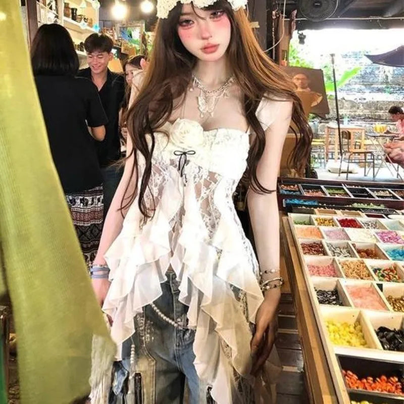 Hnewly  American Vintage Lace Strap Vest Women Summer Sleeveless T-shirts 2000s Retro Clothing Harajuku Korean Tees Design Y2k Crop Top