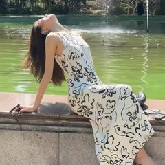 Hnewly  Floral Print Crop Top Long Skirt Slimming Lightweight Summer New Design French Style High Waist Knitted Dress Casual Vintage