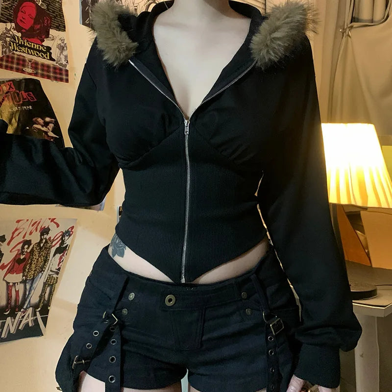 Hnewly y2k Jacket Women Punk Gothic Clothes Solid Color Fur Collar Zip Up Long Sleeve Coat 2000s Grunge Clothing Streetwear