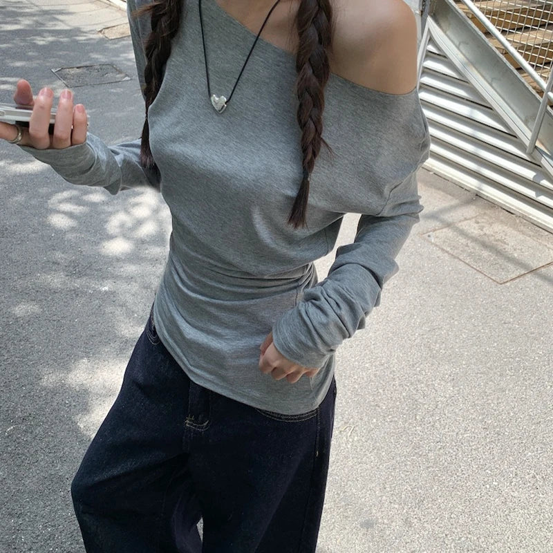 Hnewly y2k Aesthetic Tops Women Punk Gothic Clothing Slant Neck Off Shoulder Long Sleeve T Shirts 2000s Clothes Streetwear