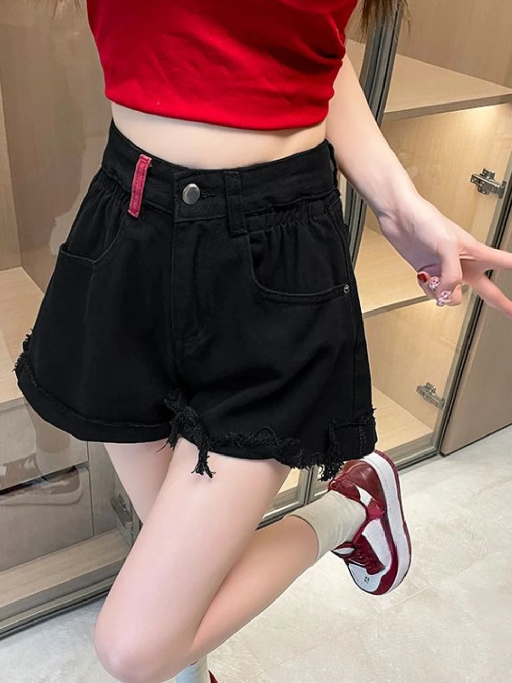 Hnewly  Summer Contrast Color Pocket Women's High Waist Denim Shorts 2025 Korean Style Youthful Tassel Ripped Female Short Jeans Pants