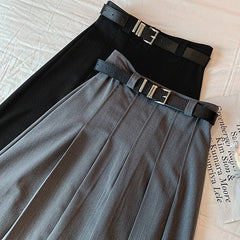 Hnewly  Black Gray High Waist Jk Long Skirts Women Preppy Style with Belt Suit Pleated Skirt Woman Korean Fashion A Line Midi Skirt