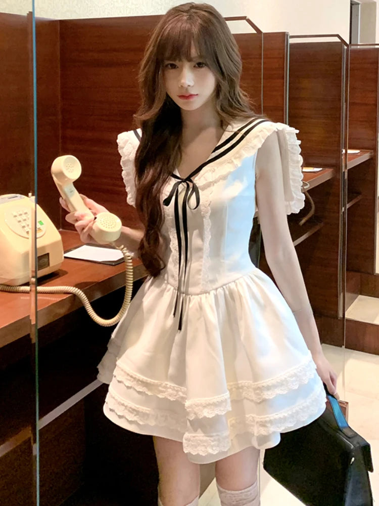 Hnewly Japanese Lolita Mini  Dress Female Evening Party Kawaii Dress Women Lace Sleeveless Dress Korean Fashion Summer 2000s Vintage