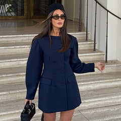 Hnewly  Elegant Double Breasted Short Dress Women O-neck Long Puff Sleeve Female Blazer Dresses Spring Lady Commute Party Robes
