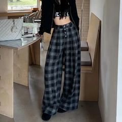 Hnewly  Summer Women's Baggy Pants, Fashion Black Plaid Casual Pants Loose Elastic Waist Pocket Style Street Hip Hop Wide Pants