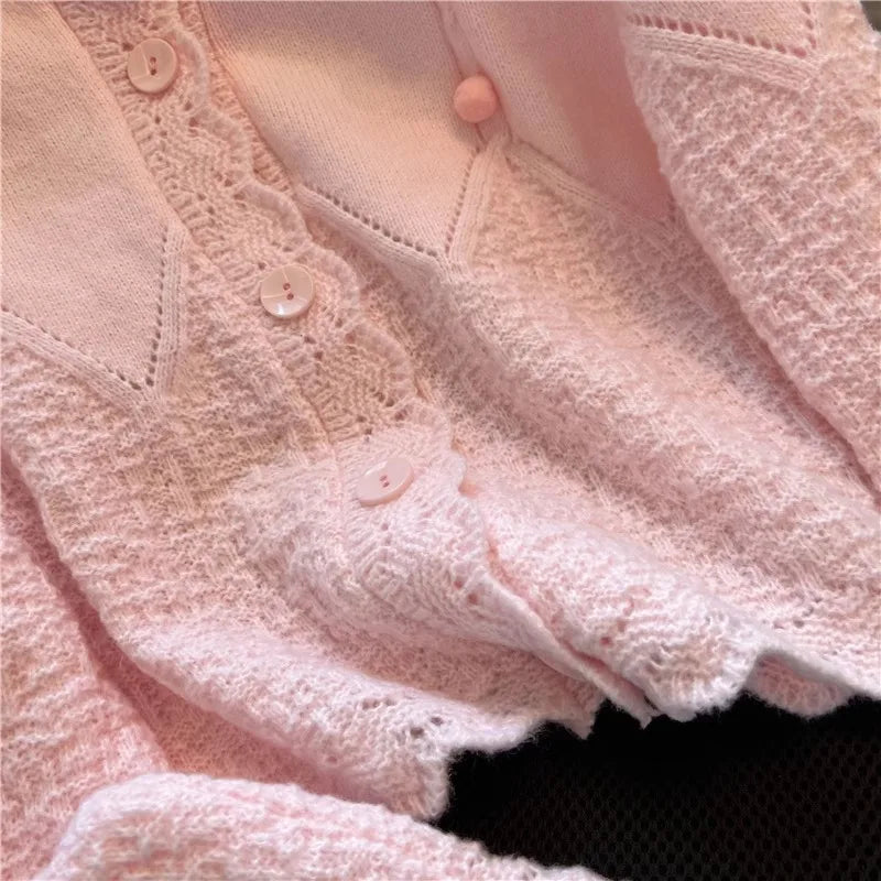 Hnewly  Korean Sweater Cardigan Women's Spring Autumn 2025 Versatile Soft Knitted Jacket Elegant Lace Single Breasted Long Sleeved Top