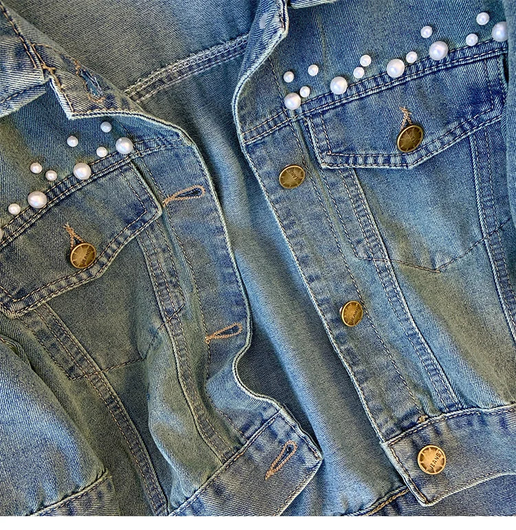 Hnewly  Sweet Nail Bead Short Sleeved Denim Jacket Women Summer Thin Style 2025 New Casual Single Breasted Shirt  Turndown Collar Top
