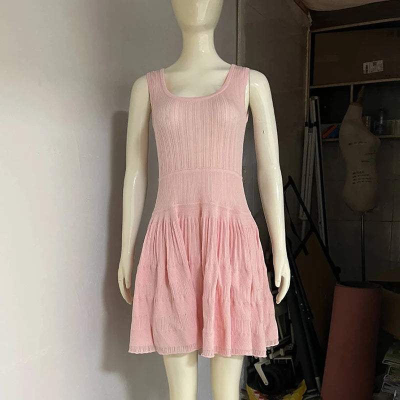 Hnewly  Vest Knitted Dress For Women Hollow Sexy Slim Sleeveless Short Dress A-line Fashion Folds Dress Female Solid High Waist