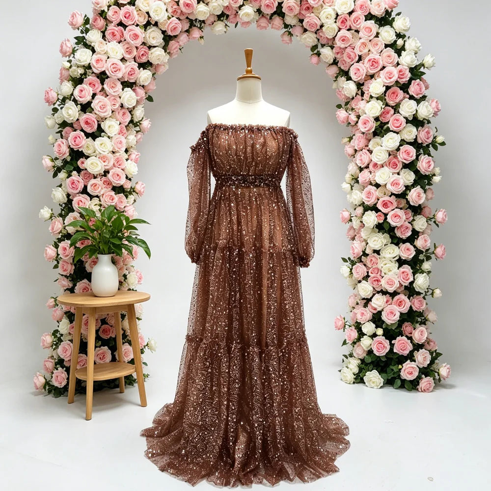 Hnewly  Pregnancy Photography Dress Women Artistic Gown  Elegant Pearl Sequin Mesh A Line Skirt with Lining Transparent Maternity Dress