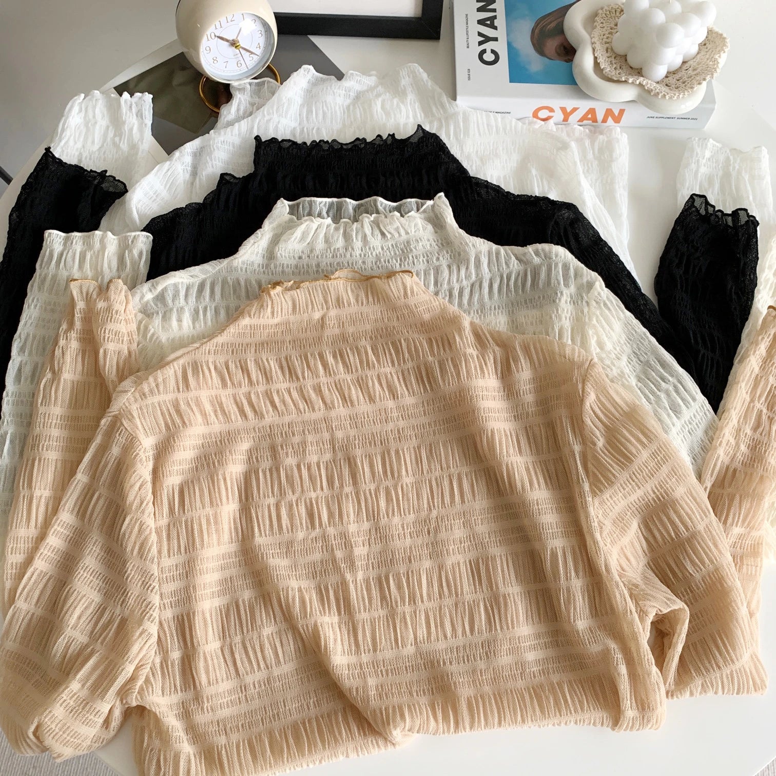 Hnewly Women T-Shirts Vintage Pleat Long SleeveTop Spring Autumn Mesh Fabric Lace Half Turtleneck Korean Fashion All-match Shirt