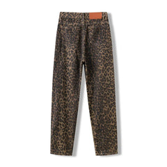 Hnewly  Streetwear High Waisted Leopard Print Jeans for Women Y2k Retro Denim Pants Hip Hop Straight Wide Leg Baggy Jeans