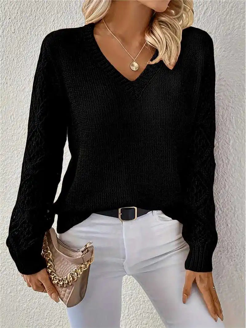 Hnewly  Long Sleeve Pointelle Knit Top Pullovers Women Sweater Openwork Long Sleeve V-neck Jumper Fall Winter Blusas Para Mujer Outfit