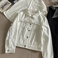 Hnewly  Ruffled Hem Denim Jacket Women's 2025 Spring New Korean Style Solid Color Long Sleeved Fashion Versatile Cardigan Female Tops