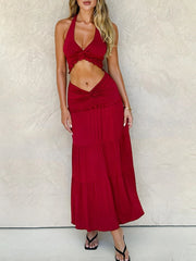 Hnewly  Halter Backless 2 Piece Set Women Ruched Elegant  Crop Camisole+Elastic Waist Ruffles Long Skirts Street Trend Suits