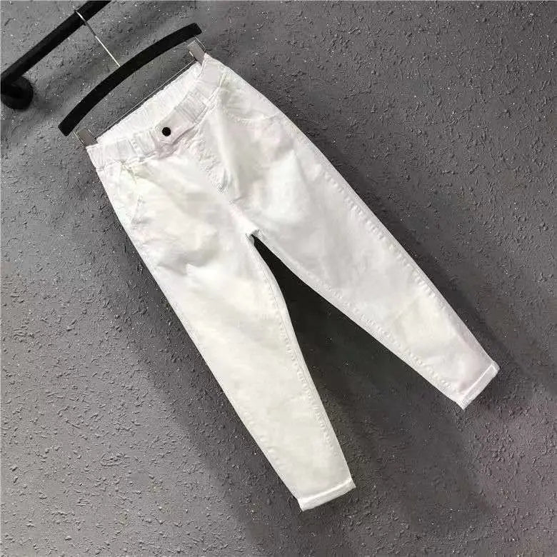 Hnewly Solid Casual Jeans For Summer/Autumn 2025 New Loose Versatile Harlan Pants Fashion Elastic Waist Buttons  Ankle-Length Pants