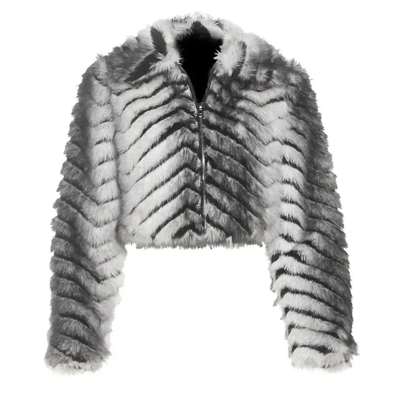 Hnewly  Street Faux Fur Short Women Jacket Urban Lapel Striped Long Sleeve Zippers Female Outwear Autumn Winter Chic Lady Coat New