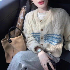 Hnewly  Fair Isle Cardigan for Women Comfy Cable Knit Button-up Sweater Jacket Cozy Knitwear Teen-girl Fall Winter Vintage Outfit
