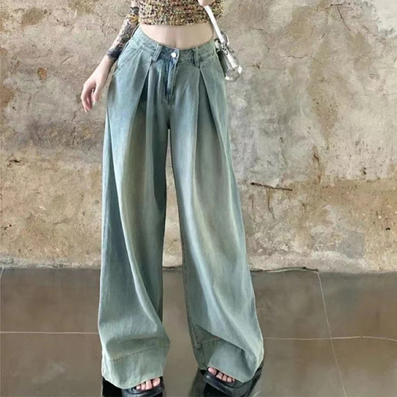 Hnewly  Retro Loose Folds Jeans for Women Spring Autumn Button High Waist Blue Straight Jeans Woman Pockets Wide Leg Pants Mujer