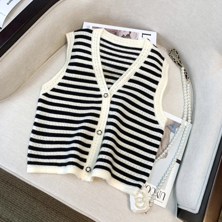 Hnewly  Spring V-Neck Striped Knitted Vest Korean Hollow Out Sleeveless Top Women's 2023 Autumn Loose All-Matched Outwear Cardigan Tank