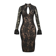 Hnewly  Sexy Lace Hollow Out Women Dress Mandarin Collar Flare Sleeve Split Dresses Female Spring Autumn New Chic Lady Robe