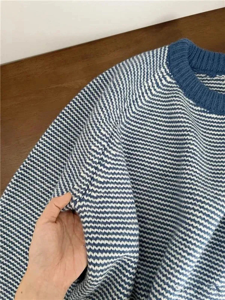 Hnewly Blue Striped Sweater for Women Y2K Autumn Winter Loose Lazy Style Patchwork Pullover Female Korean O Neck All Match Jumpers New