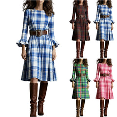 Hnewly  Ladies' Bohemian Style Temperament Pleated Skirt Fashionable Round Neck Plaid Print edRetro Long Sleeved Casual A-line Dress