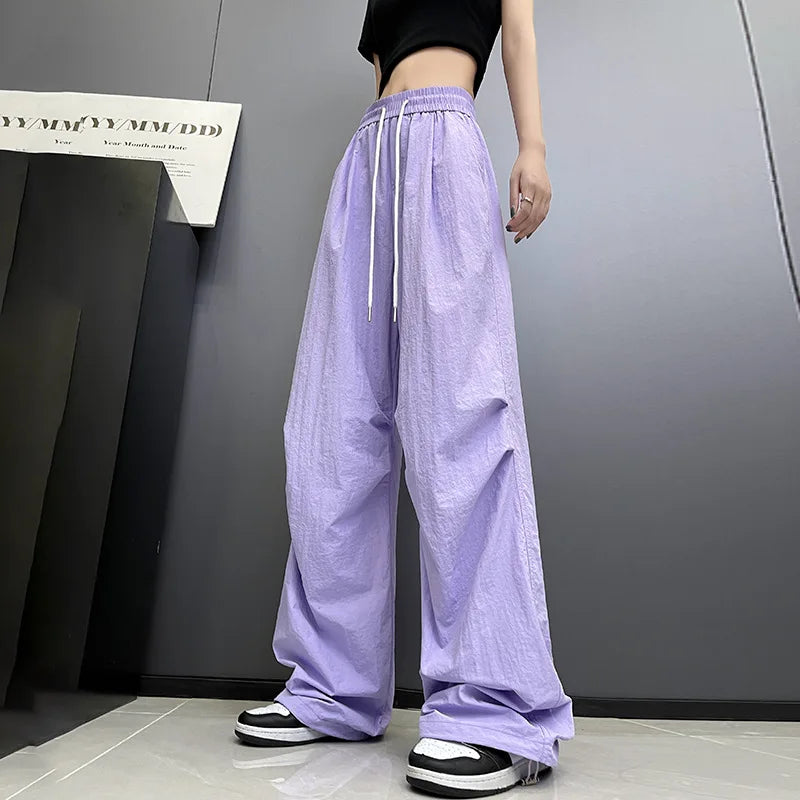Hnewly  Streetwear Solid Color Pleated Cargo Pants Women Drawstring High Waist Pants Woman Casual Loose Pockets Sports Trousers Female