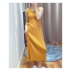 Hnewly  Slim Fit Midi Sleeveless Dress Basic Pleated Style Four Seasons Wearable Thin Polyester Fiber City Commute Women's Dress