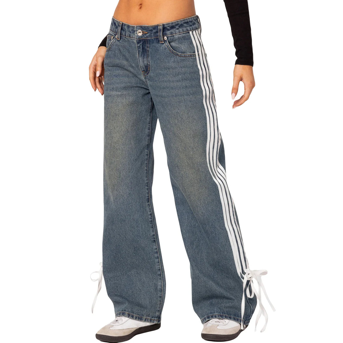 Hnewly  Women Vintage y2k Side Striped Bow Tie Jeans Boyfriend Low Rise Baggy Straight Wide Leg Jeans Casual Loose Fit Denim Pants