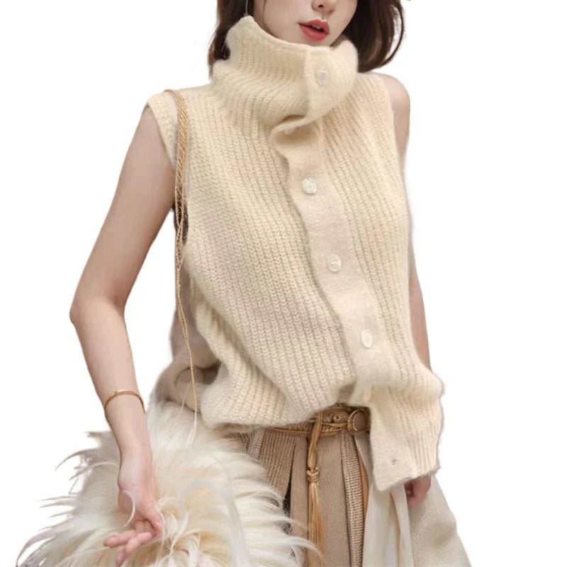 Hnewly  Button Up Sweater Vest for Women Soft Comfy High Neck Sleeveless Knit Vest Slouchy Knitwear Female Autumn Winter Casual Outfit