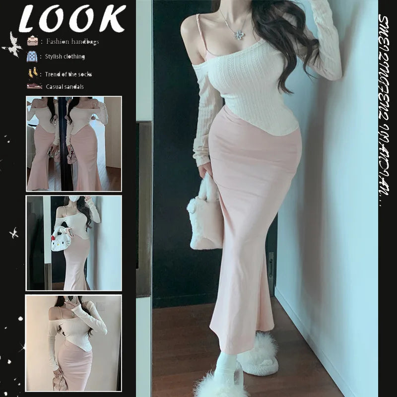 Hnewly Korean style two piece skirt set women's one shoulder knitted sweater spring suspender long Wrap buttocks dress two-piece set Z4