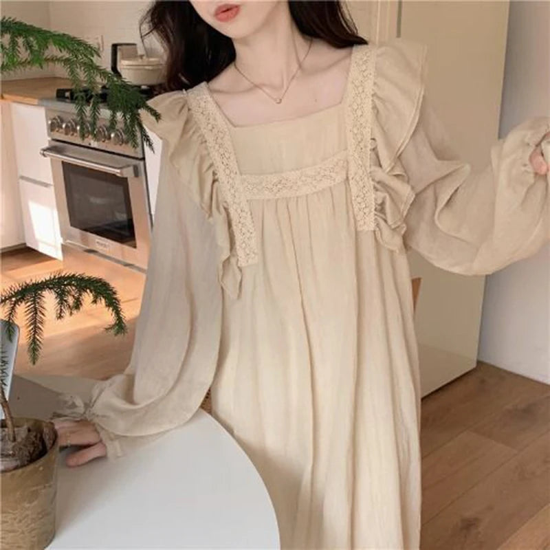Hnewly Lace Nightgown Sleepwear Women Korean Ruffles Night Dress Spring One Piece Pajamas Long Sleeve Square Collar Home Wear 2024 New