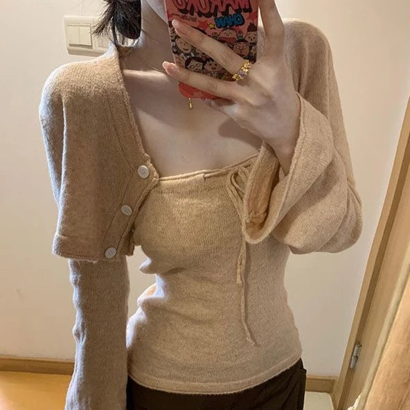 Hnewly  Harajuku Sexy Knitted Two Pieces Cropped Single Breasted Cardigan + Drawstring Bodycon Strapless Vest Autumn Y2k Aesthetic Suit