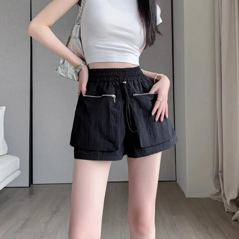 Hnewly  Elastic Waist Casual Wide Women's Cargo Shorts Flowy Trend 2025 Korean Style XL Summer Zippered Pocket Baggy Female Short Pants
