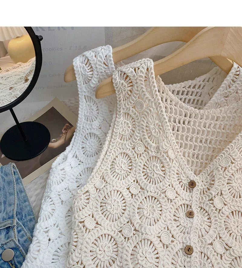 Hnewly Women Summer Hollow Out Knit Vest French Style V-Neck Sleeveless Hooked Flower Sweater 2023 New All-Match Outwear Short Top
