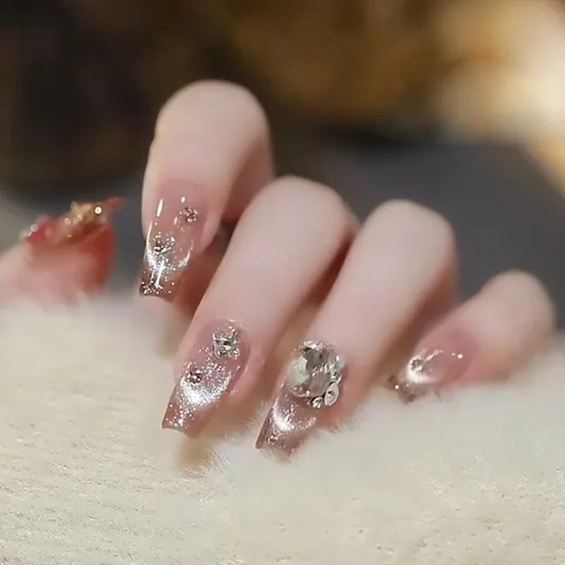 Hnewly 24Pcs False Nails French Gradient Ballet Fake Nails Press on Nails Black Heart Rhinestone Design Glitter Full Cover Nail Tips
