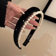 Hnewly  1Pc French Style High-Grade Double-Layer Pearl Headband,Black Velvet Sponge Hair Hoop,Retro Exquisite Hair Accessory for Women