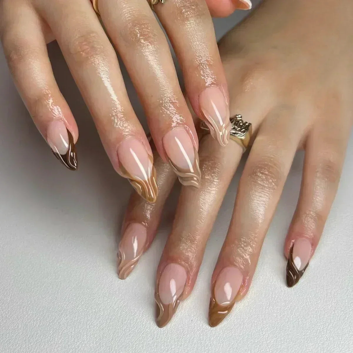 Hnewly 24Pcs White Almond False Nails Ballet with French Design Wearable Fake Nails Gradient Simple Full Cover Press on Nail Tips Art