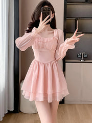Hnewly Women Pink Patchwork Chiffon Chic Ruffled Short Dress Spring Elegant Diamonds Kawaii Dress 2024 Korean Fashion Bodycon Vestidos