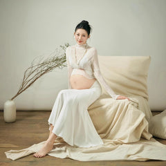 Hnewly  Maternity Photo Shoot Dresses for Studio White Minimalist Style Indoor Portrait Gowns for Pregnant Women Photography Outfits