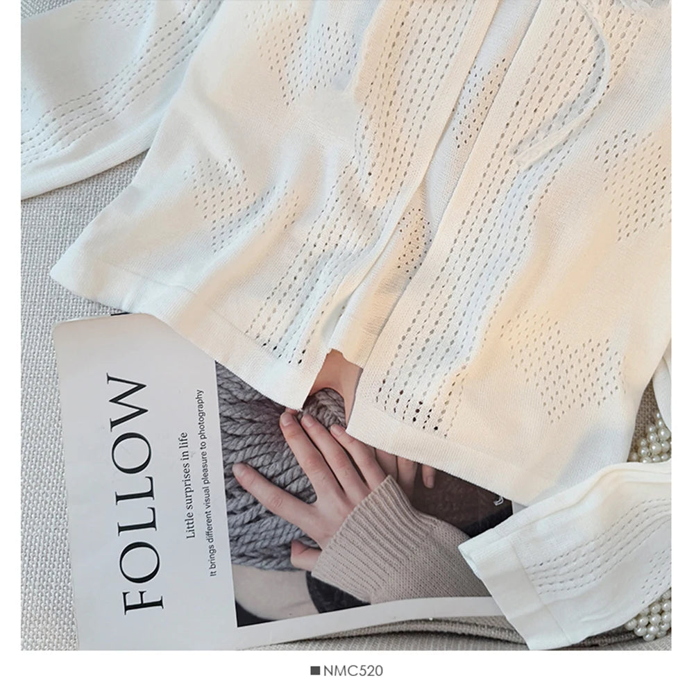 Hnewly  Sweet Lace Trim Heart Hollow Knit Cardigan Women's V-Neck Long Sleeve Early Autumn Bow Tie Loose Fit Female Short Tops