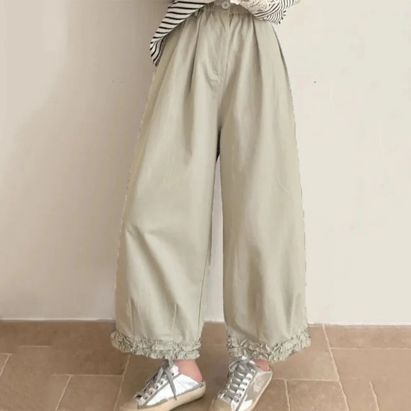 Hnewly  Korean Ruffles Wide Leg Pants Women Summer High Waisted Loose Straight Leg Pants Woman Solid Pocket Ankle Length Pants Female